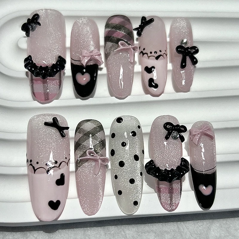 Nail Art Love - Black Pink Sweet French Almond Handmade