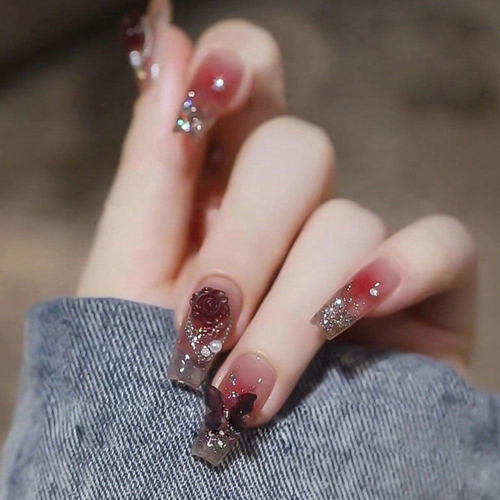 Nail Art Elegant - 24Pcs Red Rose Butterfly Press On