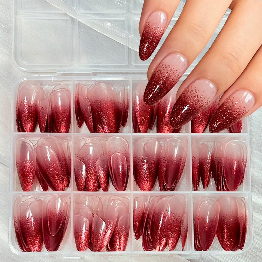 Nail Art Red Wine - 144pcs Red Gradient Glitter Fingertips Press
