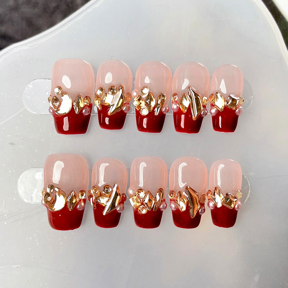 10pcs Short Trapezoid Handmade - مراجعة Nail Art Red Wine وسعره
