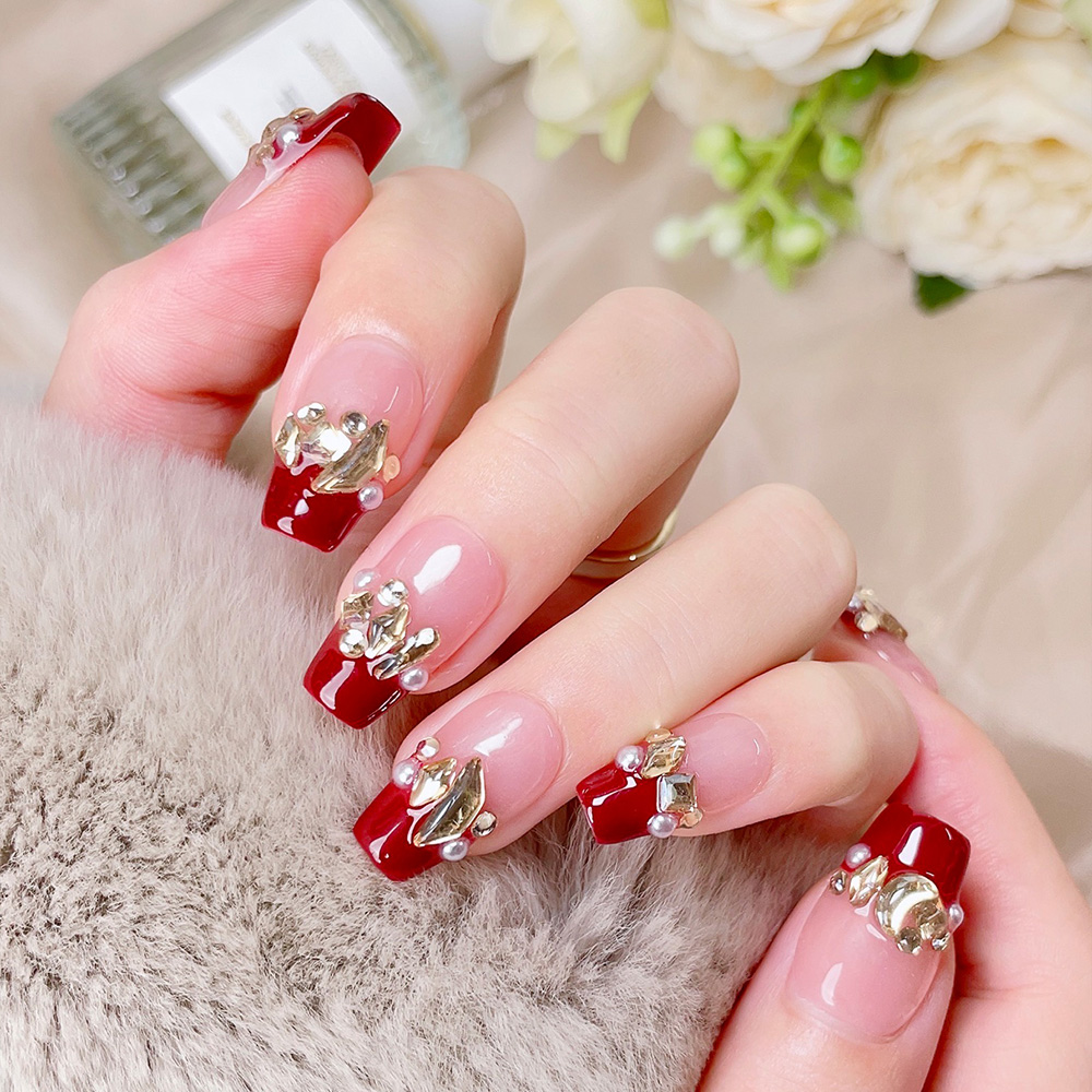 10pcs Short Trapezoid Handmade - مراجعة Nail Art Red Wine وسعره