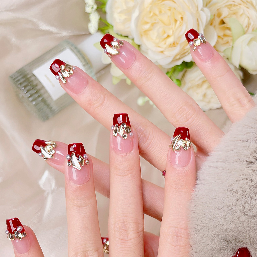 10pcs Short Trapezoid Handmade - مراجعة Nail Art Red Wine وسعره