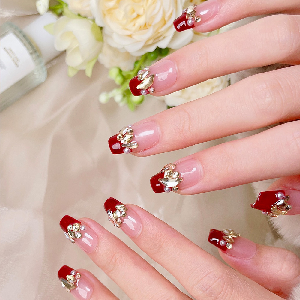 10pcs Short Trapezoid Handmade - مراجعة Nail Art Red Wine وسعره
